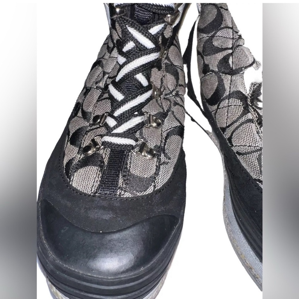 COACH Marian Lace Up Monogram Logo Insulated Mid Calf Boot Size 10 Black Cream - Picture 6 of 8